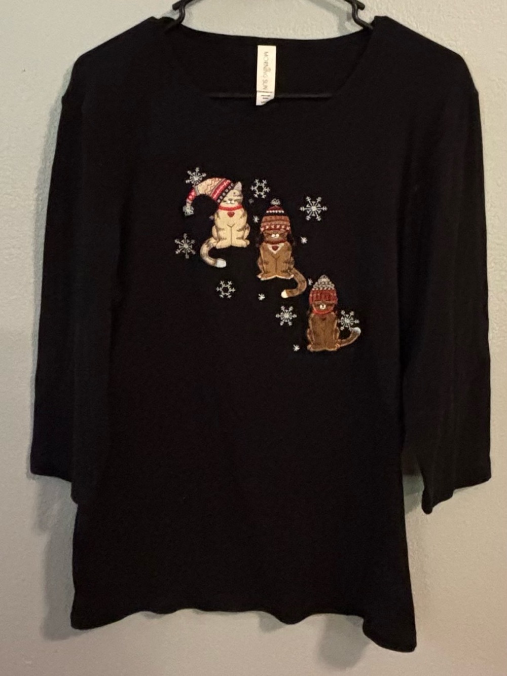 VTG 90s Morning Winter Cats Snow Flakes 3/4 Sleeve Embroidered T-shirt